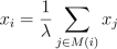 x_i = \frac{1}{\lambda} \sum_{j \in M(i)}x_j
